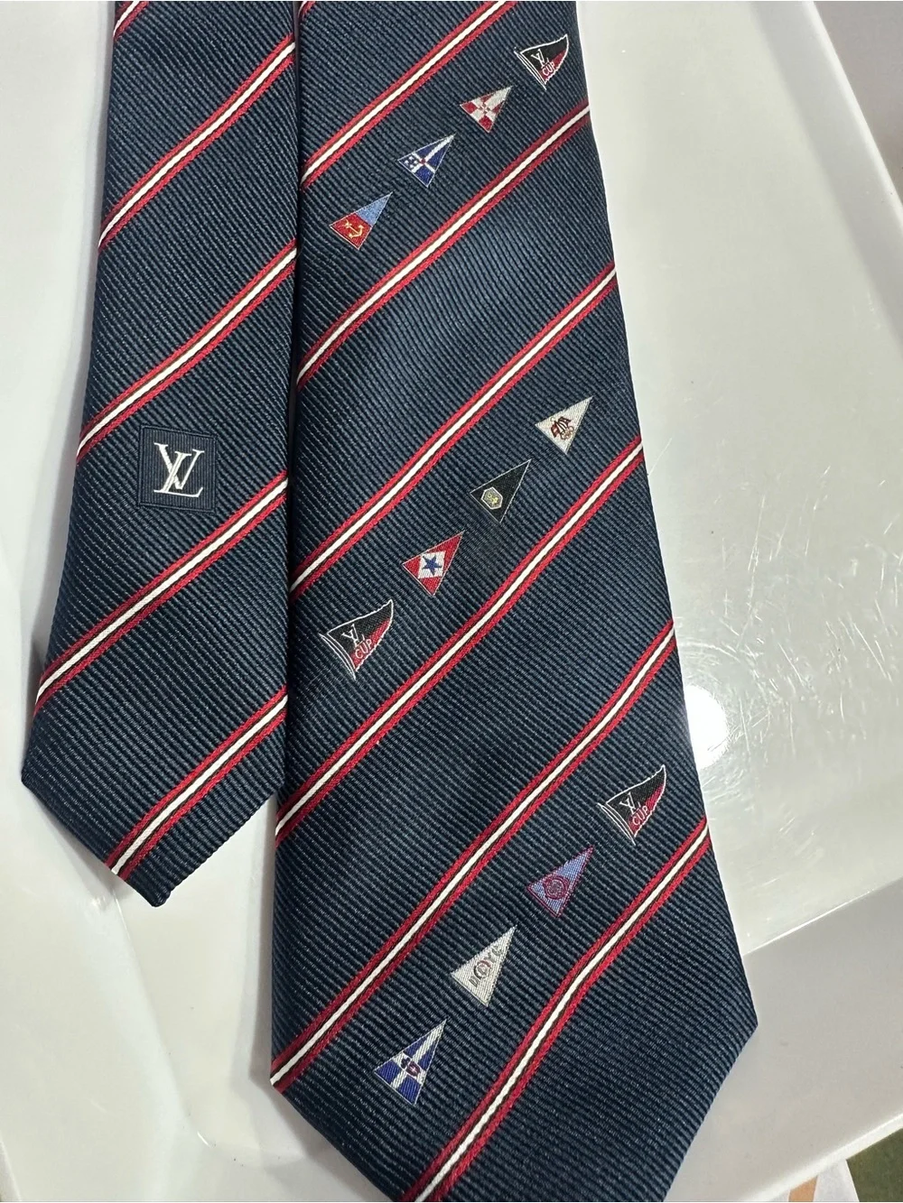 Louis Vuitton Navy Blue Silk Tie with Red and White Stripes
